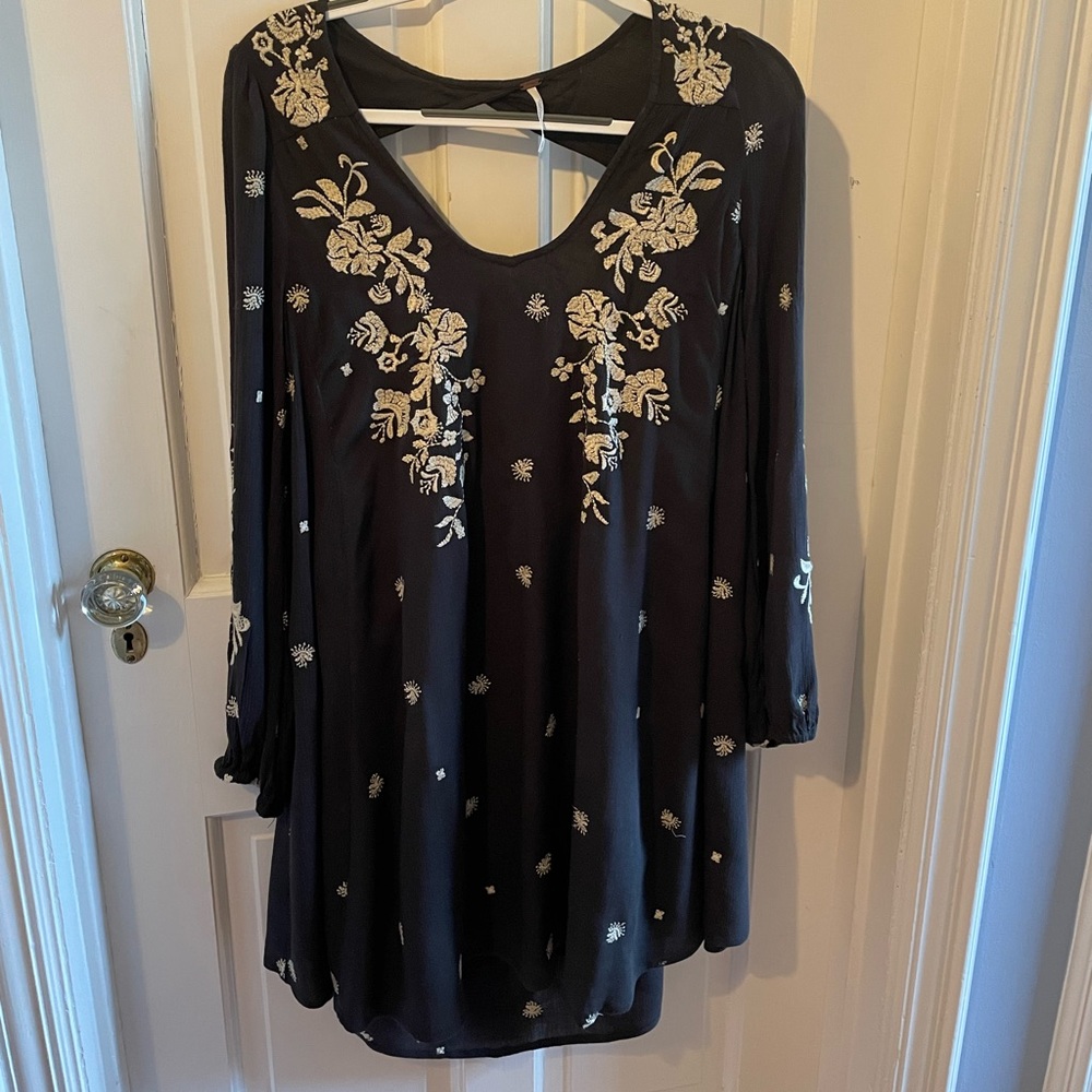 Free People Emma Embroidered Floral Dress. Black & Ivory